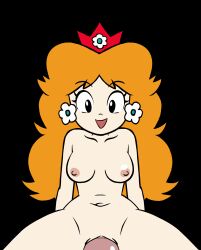  1girl animated animated_gif black_background blue_eyes bouncing bouncing_breasts breasts brown_hair closed_mouth completely_nude crown earrings flower flower_earrings groin happy highres jewelry legs mario_(series) medium_breasts nintendo nipples nude penis pov pov_crotch princess princess_daisy retro_artstyle riding sex simple_background smile super_mario_land tomboy uncensored vaginal w.t.dinner 