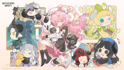  ! &gt;_o ... 3boys 4girls :3 :d ;&lt; ^_^ aalto_(wuthering_waves) ahoge aqua_eyes bangs_pinned_back beamed_eighth_notes beret black_bow black_dress black_eyes black_hair black_horns black_socks blonde_hair bloomers blue_eyes blue_hair blue_hat blush book bookmark bow bowtie calcharo_(wuthering_waves) chibi chixia_(wuthering_waves) closed_eyes closed_mouth commentary company_name copyright_name copyright_notice detached_sleeves dog dress earrings eighth_note encore_(wuthering_waves) english_commentary eyelashes facial_mark flower flower_pot forehead forehead_mark gold_trim gradient_hair green_bow green_hair green_hairband grey_hair grey_horns hair_between_eyes hair_bobbles hair_bow hair_ornament hair_ribbon hairband hairclip hat highres holding holding_flower_pot holding_microphone horns jewelry jiyan_(wuthering_waves) jumping licking licking_another&#039;s_cheek licking_another&#039;s_face long_hair long_sleeves low_twintails lying medium_hair microphone motion_lines multicolored_hair multiple_boys multiple_girls music musical_note official_art on_side one_eye_closed open_book open_mouth parted_bangs pillow pink_bow pink_bowtie pink_hair pink_ribbon pink_skirt plant pleated_skirt pointy_ears ponytail puffy_detached_sleeves puffy_sleeves purple-tinted_eyewear red_hair ribbon safety_glasses sheep_horns short_sleeves sidelocks singing skirt sleeping smile socks sparkle speech_bubble spoken_ellipsis spoken_exclamation_mark star_(symbol) stuffed_animal stuffed_sheep stuffed_toy tacet_mark_(wuthering_waves) tassel tassel_earrings thick_eyebrows tinted_eyewear tongue tongue_out twintails two-tone_dress u_u underwear v-shaped_eyebrows verina_(wuthering_waves) very_long_hair vines white_bloomers white_dress white_flower white_sleeves wuthering_waves yangyang_(wuthering_waves) yellow_eyes 