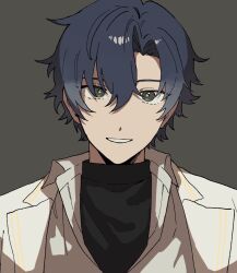  1boy :d black_sweater blue_hair bright_pupils curtained_hair dot_nose facing_viewer figaro_garcia gradient_hair green_eyes grey_background grin jacket layered_clothes light_smile looking_ahead mahoutsukai_no_yakusoku mtn multicolored_hair open_collar open_mouth parted_bangs parted_lips portrait short_hair simple_background smile solo straight-on sweater turtleneck white_jacket yellow_trim 