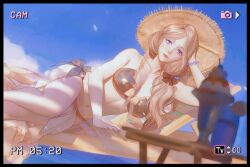  1girl arm_support bikini black_bow blonde_hair blurry bow bracelet breasts brown_bikini chair cloud cloudy_sky collarbone day depth_of_field fire_emblem fire_emblem:_three_houses fire_emblem_heroes frilled_bikini frills glass hat highres irisl jewelry long_hair looking_at_viewer lounge_chair lying mercedes_von_martritz navel nintendo official_alternate_costume on_side outdoors purple_eyes sarong sky solo straw_hat sun_hat swimsuit table viewfinder yellow_hat 
