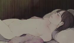  1girl brown_eyes brown_hair closed_mouth expressionless flat_chest functionally_nude groin highres loli long_hair lying navel nipples no_bra no_panties on_back on_bed open_clothes open_shirt original otohime_(youngest_princess) pillow solo 
