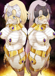  2girls blonde_hair blue_eyes bound breasts encasement fate/grand_order fate_(series) headpiece highres ichika_(ichi_ka0) jeanne_d&#039;arc_(fate) jeanne_d&#039;arc_(ruler)_(fate) jeanne_d&#039;arc_alter_(fate) jewelry multiple_girls mummification mummy restrained silver_hair tape tape_bondage taped_hands wrapped_up yellow_eyes  rating:Questionable score:99 user:animeboy12
