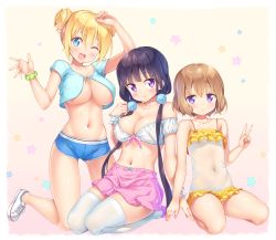 3girls ;d alternate_breast_size arm_up bare_legs bare_shoulders black_hair blend_s blonde_hair blue_eyes blush breasts brown_hair closed_mouth collarbone commentary covered_navel dolphin_shorts double_bun flat_chest frilled_swimsuit frills front-tie_top gym_shorts hair_bobbles hair_bun hair_ornament hand_up highres hinata_kaho hoshikawa_mafuyu kazuma_(kazumav) kneeling large_breasts legs_together loli long_hair looking_at_viewer low_twintails micro_shorts midriff multiple_girls navel no_socks one-piece_swimsuit one_eye_closed open_mouth pink_skirt purple_eyes sakuranomiya_maika scrunchie see-through see-through_swimsuit seiza shoes short_hair short_shorts shorts sidelocks sitting skirt smile sneakers star_(symbol) starry_background swimsuit tareme teeth thighhighs thighs tsurime twintails underboob v very_long_hair white_footwear white_legwear wrist_scrunchie rating:Sensitive score:101 user:danbooru