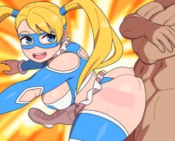  1boy 1girl ass ass_press bent_over blonde_hair blue_eyes blue_shirt boots breasts capcom clothed_female_nude_male eyebrows foot_out_of_frame from_side hetero huge_ass jumping kabeume large_breasts long_hair looking_at_another looking_back mask nude open_mouth rainbow_mika sex shirt simple_background smile street_fighter teeth thighhighs thighs twintails two-tone_shirt upper_teeth_only vaginal white_footwear white_shirt white_thighhighs x-ray yellow_background 