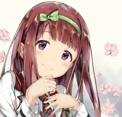 1girl blush breasts brown_eyes brown_hair closed_mouth dot_nose floral_background flower gradient_background green_hairband hairband hands_up highres idolmaster idolmaster_million_live! idolmaster_million_live!_theater_days jacket long_hair long_sleeves looking_at_viewer medium_breasts necktie pink_flower portrait rauto sidelocks smile solo striped_necktie tanaka_kotoha two-tone_background two-tone_necktie uniform_series_(idolmaster) white_jacket
