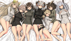 6+girls absurdres ahoge arknights bare_legs barefoot black_eyes blush breasts bright_pupils brown_eyes brown_hair demon_horns dragon_horns dress earrings feather_hair glasses gluteal_fold head_wings highres horns hug ifrit_(arknights) infection_monitor_(arknights) jewelry light_brown_hair lying magallan_(arknights) material_growth mayer_(arknights) medium_breasts muelsyse_(arknights) multicolored_hair multiple_girls on_back on_side orange_eyes oripathy_lesion_(arknights) owl_ears pointy_ears ptilopsis_(arknights) ribbed_dress ribbed_shirt ribbed_sweater saria_(arknights) shirt short_hair short_twintails sidelocks sigm@ silence_(arknights) silver_hair single_earring small_breasts smile streaked_hair sweater tail thick_thighs thighs twintails white_pupils wings rating:Sensitive score:104 user:danbooru