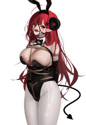  1girl absurdres animal_ears arms_behind_back awaji azur_lane ball_gag bdsm black_horns black_leotard bondage bound bound_arms breasts chinese_commentary cleavage cowboy_shot crotch_rope curled_horns demon_girl demon_horns demon_tail fake_animal_ears fine_fabric_emphasis gag gag_harness gagged hair_ornament harness_gag highres hindenburg_(azur_lane) hindenburg_(delirious_duel)_(azur_lane) horns large_breasts leotard long_hair looking_at_viewer monoglove official_alternate_costume pantyhose playboy_bunny rabbit_ears red_eyes red_hair restrained shibari shibari_over_clothes slit_pupils solo standing strapless strapless_leotard tail undersized_breast_cup very_long_hair white_pantyhose wiffle_gag 