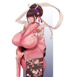  1girl black_hair breasts highres huge_breasts japanese_clothes kimono solo tsunekun 