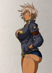  1girl absurdres ass blazblue breasts bullet_(blazblue) dark-skinned_female dark_skin highres huge_ass large_breasts revealing_clothes saki_chan_san scar short_hair shorts solo  rating:Questionable score:29 user:yupthatsme