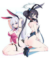  2girls adjusting_hair alternate_costume animal_ears armpits arms_behind_head arms_up ass back backboob backless_leotard bare_legs bare_shoulders black_gloves black_hair black_hairband blue_archive blue_eyes blue_halo blue_leotard bow bowtie breasts butterfly_hair_ornament closed_mouth commentary covered_navel detached_collar expressionless fake_animal_ears fake_tail from_side full_body gloves grey_hair hair_bun hair_ornament hairband halo high_heels highleg highleg_leotard highres holding holding_own_hair id_card kisaki_(blue_archive) kneeling knees large_breasts leotard long_hair looking_at_viewer looking_to_the_side mask mask_pull miyako_(blue_archive) multiple_girls pink_leotard playboy_bunny pulled_by_self purple_eyes rabbit_ears rabbit_tail shoulder_blades sideboob simple_background skindentation strapless strapless_leotard tail thigh_strap thighs tunoko98 twintails very_long_hair white_background wrist_cuffs  rating:Sensitive score:73 user:danbooru