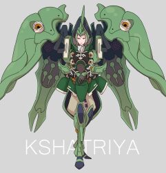  1girl 8823 armored_boots boots brown_pants character_name crossed_arms full_body green_footwear grey_background gundam gundam_unicorn highres humanization knee_boots kshatriya mecha_musume orange_eyes pants red_lips simple_background smile solo standing vernier_thrusters 