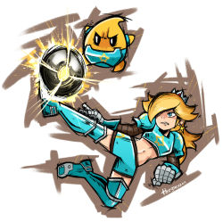adapted_costume armor ball blonde_hair blue_eyes clenched_hand earrings gold_earrings jewelry mario_(series) mario_strikers_charged armored_boots midriff nintendo one_eye_covered rosalina soccer soccer_ball strikers_rosalina super_mario_galaxy thegreyzen tiara rating:Sensitive score:21 user:danbooru