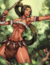 &gt;:o 1girl :o absurdres armpits bad_id bad_pixiv_id bare_shoulders black_hair breasts cleavage clyde_s cowboy_shot dark-skinned_female dark_skin day facial_mark forest green_eyes highres large_breasts league_of_legends loincloth long_hair looking_away mushroom nature navel nidalee open_mouth ponytail revealing_clothes solo tree tribal v-shaped_eyebrows very_long_hair rating:Sensitive score:46 user:danbooru