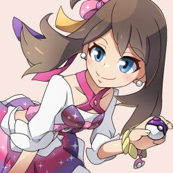  1girl blue_eyes bow brown_hair closed_mouth creatures_(company) cropped_shirt earrings game_freak hair_bow hair_ribbon holding holding_poke_ball idol jewelry looking_at_viewer master_ball may_(pokemon) nintendo pearl_earrings pink_bow pink_ribbon pink_skirt poke_ball pokemon pokemon_oras purple_ribbon ribbon roy_payne shirt skirt smile solo white_background white_shirt yellow_ribbon 