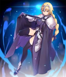1girl armor armored_dress black_bow blonde_hair blue_background blue_cape blue_eyes blush boots bow braid breasts cape chain dress fate/apocrypha fate_(series) faulds frown full_body gauntlets gorget hair_ribbon headpiece jeanne_d&#039;arc_(fate) jeanne_d&#039;arc_(ruler)_(fate) large_breasts long_hair looking_at_viewer popqn purple_dress purple_thighhighs ribbon single_braid solo thighhighs tress_ribbon underbust v-shaped_eyebrows very_long_hair rating:Sensitive score:18 user:danbooru