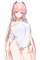  1girl absurdres bare_shoulders blue_eyes blue_hair blue_horns blunt_bangs bra bra_visible_through_clothes breasts cleavage colored_tips genshin_impact gluteal_fold gradient_hair highres horns kuqfh lace lace_panties long_hair looking_at_viewer medium_breasts multicolored_hair off_shoulder panties pink_hair purple_eyes sangonomiya_kokomi see-through shirt solo standing thighs underwear very_long_hair waking_up white_background white_bra white_panties white_shirt 