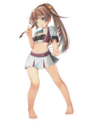  1girl absurdres alternate_costume bandeau barefoot breasts brown_hair clothes_writing cropped_jacket full_body grey_eyes hair_ribbon highres jacket kantai_collection kazagumo_(kancolle) long_hair looking_at_viewer midriff multiple_views pleated_skirt ponytail purple_bandeau race_queen ribbon simple_background skirt small_breasts white_background white_jacket white_skirt yashin_(yasinz) 