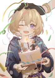  :d aventurine_(honkai:_star_rail) bandaged bandaged_arm bandages birthday birthday_cake black_gloves blonde_hair blue_eyes blue_jacket cake cancanbingo candle child confetti food gloves hand_on_another&#039;s_head happy happy_birthday headpat highres holding holding_cake holding_food honkai:_star_rail honkai_(series) jacket kakavasha_(honkai:_star_rail) long_sleeves multicolored_eyes one_eye_closed open_mouth out_of_frame purple_eyes shirt smile torn_clothes torn_shirt watch white_shirt wristwatch 