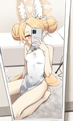  1girl absurdres alternate_costume alternate_hairstyle animal_ear_fluff animal_ears bare_arms bare_shoulders barefoot bed blonde_hair blue_archive blush breasts cellphone china_dress chinese_clothes commentary covered_navel double_bun dress extra_ears fox_ears fox_girl hair_bun halo hand_up highres holding holding_phone indoors looking_at_viewer mirror orange_eyes pelvic_curtain phone red_eyes reflection seia_(blue_archive) seiza selfie sitting sleeveless sleeveless_dress small_breasts solo swept_bangs syhan thighs wariza white_dress yellow_halo 