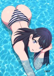 1girl all_fours artist_request ass back bikini black_hair blue_eyes gridman_universe hand_in_own_hair highres long_hair looking_at_viewer looking_up open_mouth padm partially_submerged signature smile solo source_request ssss.gridman striped_bikini striped_clothes swimsuit takarada_rikka topless water rating:Sensitive score:177 user:danbooru