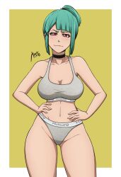  1girl absurdres bikini breasts female_focus female_pervert green_hair highres large_breasts looking_at_viewer mature_female mistowing panties pervert sexually_suggestive smile solo swimsuit underwear  rating:Questionable score:29 user:AhegaopA