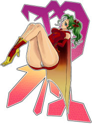  1990s_(style) 1girl arms_behind_back blue_eyes boots breasts cape earrings elbow_gloves female_focus final_fantasy final_fantasy_vi full_body gloves green_hair hip_focus jewelry long_hair panties pantyshot ponytail red_ribbon ribbon solo tina_branford underwear white_background white_panties wide_hips yunban 