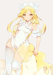  1girl arm_cuffs bare_arms blonde_hair headdress long_hair looking_at_viewer lpip original see-through simple_background smile solo thighhighs yellow_eyes  rating:Questionable score:10 user:danbooru