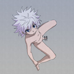  1boy barefoot censored erection highres hunter_x_hunter killua_zoldyck looking_at_viewer male_focus negi_(pixiv_10692647) nude penis shota silver_hair solo testicles  rating:Explicit score:45 user:harucho