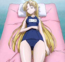 10s asia_argento blonde_hair closed_eyes futon high_school_dxd highres long_hair one-piece_swimsuit pillow school_swimsuit screencap sleeping solo swimsuit rating:Questionable score:46 user:danbooru