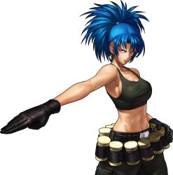 1girl bandolier belt black_gloves blue_eyes blue_hair breasts cargo_pants cleavage crop_top earrings explosive gloves grenade highres jewelry king_of_fighters_xiii large_breasts leona_heidern long_hair matching_hair/eyes midriff navel official_art ogura_eisuke pants ponytail shirt sideboob snk solo tank_top taut_clothes taut_shirt the_king_of_fighters the_king_of_fighters_xiii toned transparent_background rating:Sensitive score:38 user:danbooru