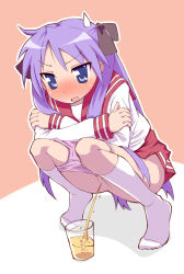1girl annoyed black_ribbon blue_eyes blush crossed_arms cup embarrassed full-face_blush hair_ribbon hiiragi_kagami kneehighs long_hair looking_at_viewer lucky_star mjn no_pussy open_mouth panties panty_pull pee peeing peeing_in_cup pink_panties purple_hair red_skirt ribbon school_uniform serafuku skirt socks solo squatting sweatdrop twintails two-tone_background underwear very_long_hair white_socks rating:Questionable score:69 user:danbooru