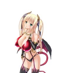  1girl blonde_hair breasts cleavage covered_erect_nipples demon_girl fang gradient_background green_eyes horns huge_breasts kyonyuu_majo looking_at_viewer solo tail tenma_cecile thighhighs wings  rating:Questionable score:55 user:goldoa