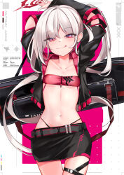  1girl alternate_costume black_jacket black_skirt blue_archive blush breasts character_name closed_mouth collarbone cowboy_shot grey_hair halo highres jacket kie_(yospcd) long_hair long_sleeves looking_at_viewer mutsuki_(blue_archive) navel open_clothes open_jacket pink_eyes race_queen red_halo side_ponytail skirt small_breasts smile solo 