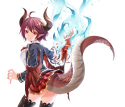  10s 1girl ahoge ass black_thighhighs blazer blue_fire dissolving_clothes dragon_girl dragon_horns dragon_tail dragon_wings fire granblue_fantasy grea_(shingeki_no_bahamut) highres horns jacket looking_at_viewer pleated_skirt pointy_ears purple_hair raynart red_eyes shingeki_no_bahamut shirt short_hair skirt solo tail thighhighs white_background white_shirt wings 