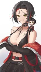  1girl arms_under_breasts bare_shoulders bikini black_bikini black_hair black_jacket black_nails breasts chain chest_tattoo chibi choker cleavage collarbone crow_(nikke) goddess_of_victory:_nikke green_eyes jacket large_breasts mouth_hold multicolored_hair nail_polish navel off_shoulder randgriz96 red_hair short_hair simple_background smile streaked_hair swimsuit tattoo 