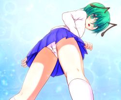  1girl alternate_costume antennae ass blue_skirt blush cameltoe commentary_request feet_out_of_frame flat_chest from_below green_eyes green_hair hair_between_eyes looking_at_viewer looking_down miniskirt mofupaka open_mouth panties panty_focus pantyshot pleated_skirt shirt short_hair skirt socks solo touhou underwear white_panties white_shirt white_socks wriggle_nightbug 