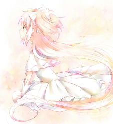  1girl absurdly_long_hair arms_at_sides blurry blush bokeh breasts choker closed_mouth depth_of_field dress expressionless frilled_dress frills from_side gloves gradient_background hair_ribbon highres kaname_madoka long_hair looking_away mahou_shoujo_madoka_magica mahou_shoujo_madoka_magica_(anime) mirin orange_background pink_background pink_hair profile ribbon see-through sidelocks simple_background small_breasts solo sparkle sparkling_eyes straight_hair two_side_up ultimate_madoka upper_body v_arms very_long_hair white_background white_choker white_dress white_gloves white_neckwear white_ribbon wide_sleeves wings yellow_background yellow_eyes 