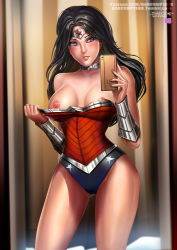  1girl areola_slip badcompzero bare_shoulders black_hair breasts breasts_apart censored cleavage collar cowboy_shot dc_comics fingernails jewelry large_breasts legs_apart leotard long_fingernails long_hair mosaic_censoring neck_ring nipples pulled_by_self reflection selfie solo standing thighs watermark web_address wonder_woman wonder_woman_(series)  rating:Questionable score:88 user:danbooru