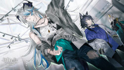  3boys alternate_costume animal_ears arknights arm_up beard blue_hair blue_shirt commentary_request cowboy_shot denim facial_hair frown grey_hair grey_jacket hands_in_pockets hellagur_(arknights) highres horns indoors infection_monitor_(arknights) jacket jeans jewelry kaninn long_hair looking_to_the_side material_growth multicolored_hair multiple_boys multiple_necklaces multiple_rings oripathy_lesion_(arknights) pants purple_eyes puzzle_(amidst_the_pieces)_(arknights) puzzle_(arknights) ring shirt stage_lights streaked_hair torn_clothes torn_pants very_long_hair vigil_(arknights) vigil_(the_other_side_of_siracusa)_(arknights) white_hair white_jacket white_shirt wolf_ears 