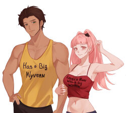  1boy 1girl arm_up bare_arms bare_shoulders blunt_bangs breasts brown_hair camisole claude_von_riegan cleavage clothes_writing commentary commission crop_top fire_emblem fire_emblem:_three_houses grey_eyes hair_intakes hand_on_own_hip highres hilda_valentine_goneril looking_at_viewer mazelwi medium_breasts midriff navel nintendo pink_eyes pink_hair second-party_source short_hair simple_background smile spaghetti_strap stomach tank_top upper_body white_background yellow_tank_top 