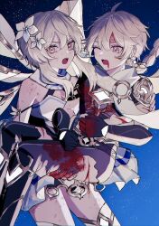  1boy 1girl aether_(genshin_impact) ahoge arm_armor armor baggy_pants bare_shoulders belt black_footwear black_pants black_shirt blonde_hair blood blood_on_clothes blood_on_face blood_on_gloves blood_on_hands blood_on_leg blue_sky boots braid breasts brother_and_sister brown_belt brown_eyes brown_gloves carrying clenched_hands detached_sleeves dress earrings feather_hair_ornament feathers fingernails flower flying genshin_impact gloves gold_trim gradient_sky hair_between_eyes hair_flower hair_ornament hands_up highres ichigo_gyuunyuu injury jewelry long_hair long_sleeves looking_at_another looking_at_viewer lumine_(genshin_impact) mechanical_wings medium_breasts night night_sky one_eye_closed open_mouth outdoors pants princess_carry scarf shirt short_hair short_sleeves shoulder_armor siblings sidelocks single_earring sky star_(sky) star_(symbol) starry_sky tearing_up teeth thigh_boots tongue torn_clothes torn_pants torn_shirt v-shaped_eyebrows white_dress white_flower white_footwear white_scarf wings 