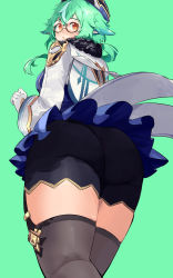 1girl animal_ears ass bike_shorts black_thighhighs blush breasts from_behind from_below garter_straps genshin_impact glasses gloves gold_trim green_background green_hair hat highres huge_ass lab_coat long_hair looking_at_viewer looking_back multicolored_hair okpriko orange_eyes shiny_skin sideboob simple_background skirt solo sucrose_(genshin_impact) thighhighs two-tone_hair upskirt very_long_hair white_hair rating:Questionable score:111 user:armorcrystal