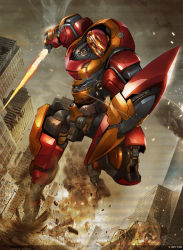  artist_name building debris dutch_angle embers energy_sword english_text explosion fire ground_shatter holding looking_back mecha no_humans original rettag robot running shield signature sky skyscraper smoke solo sword vehicle weapon 
