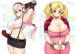  2girls aerith_gainsborough aerith_gainsborough_(cosplay) arm_up armpits blonde_hair blush breasts bursting_belly bursting_breasts cleavage cosplay covered_erect_nipples curvy final_fantasy final_fantasy_vii headphones large_breasts long_hair looking_at_viewer multiple_girls navel nitroplus orange_eyes pink_hair plump red_eyes smile standing super_pochaco super_sonico tifa_lockhart tifa_lockhart_(cosplay) tsuji_santa wide_hips  rating:Questionable score:52 user:Wing_of_Madoola