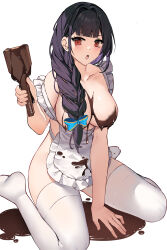  1girl :o absurdres apron between_legs black_hair blue_bow blunt_bangs bow braid braided_ponytail breasts brown_eyes chocolate chocolate_on_body chocolate_on_breasts collarbone dripping food_on_body frilled_apron frills hair_bow hair_censor hair_over_shoulder hand_between_legs hand_up highres holding large_breasts light_blush long_hair looking_at_viewer mochizuki_chiyome naked_apron no_shoes open_mouth sengoku_taisen simple_background sitting solo strap_slip thighhighs v-shaped_eyebrows vierzeck wariza white_apron white_background white_thighhighs 