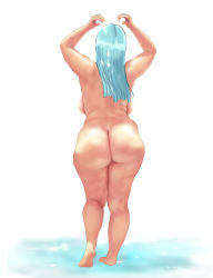  1girl absurdres armpits arms_up ass backboob breasts completely_nude curvy dragon_ball dragonball_z feet female_focus from_behind full_body green_hair groin highres huge_ass large_breasts legs long_hair maron_(dragon_ball) nude simple_background solo thick_thighs thighs ultivlad water white_background wide_hips  rating:Questionable score:136 user:Ynyswydryn