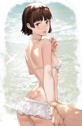 1boy 1girl :d ass atlus bare_arms bare_back bare_shoulders beach bikini blush braid breasts brown_hair butt_crack commentary crown_braid day english_commentary foreshortening frilled_bikini frills from_behind hand_on_own_chest highres holding_hands j@ck looking_at_viewer looking_back medium_breasts niijima_makoto open_mouth outdoors persona persona_5 pov red_eyes sega short_hair sideboob smile solo_focus sparkle swimsuit water white_bikini rating:Sensitive score:168 user:danbooru