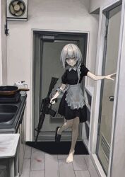  1girl apron assault_rifle barefoot black_dress blood blood_on_clothes blood_on_face blue_eyes collared_dress door dress electric_kettle expressionless frying_pan full_body gun highres holding holding_gun holding_weapon hot_plate indoors kettle kitchen looking_at_viewer m4_carbine maid no_socks original pale_skin revision rifle shoes short_hair short_sleeves single_shoe sink solo standing standing_on_one_leg strap_slip weapon white_apron white_hair zumochi 