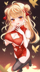  1girl absurdres asahi_nina bare_shoulders black_thighhighs blonde_hair blush braided_hair_rings breasts china_dress chinese_clothes cleavage cleavage_cutout clothing_cutout commission diamond_cutout double_bun dress earrings fang foreshortening gradient_eyes hair_bun hair_ornament highres indie_virtual_youtuber jewelry large_breasts long_hair looking_at_viewer multicolored_eyes red_eyes red_nails skeb_commission sleeveless sleeveless_dress smile solo standing standing_on_one_leg tassel tassel_hair_ornament thighhighs underboob yellow_eyes yu_lei 
