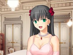 00s 1girl :d alternate_eye_color alternate_hair_color bare_shoulders black_hair blurry blush bow breasts chair chandelier cleavage covered_erect_nipples depth_of_field door dress earrings elbow_gloves fate/hollow_ataraxia fate/stay_night fate_(series) formal game_cg gem gloves gown green_eyes hair_bow indoors jewelry lights looking_at_viewer matou_sakura necklace official_alternate_costume open_mouth pearl_(gemstone) pearl_necklace pendant pink_dress pink_gloves recolored smile solo table takeuchi_takashi third-party_edit two_side_up upper_body rating:Sensitive score:8 user:danbooru